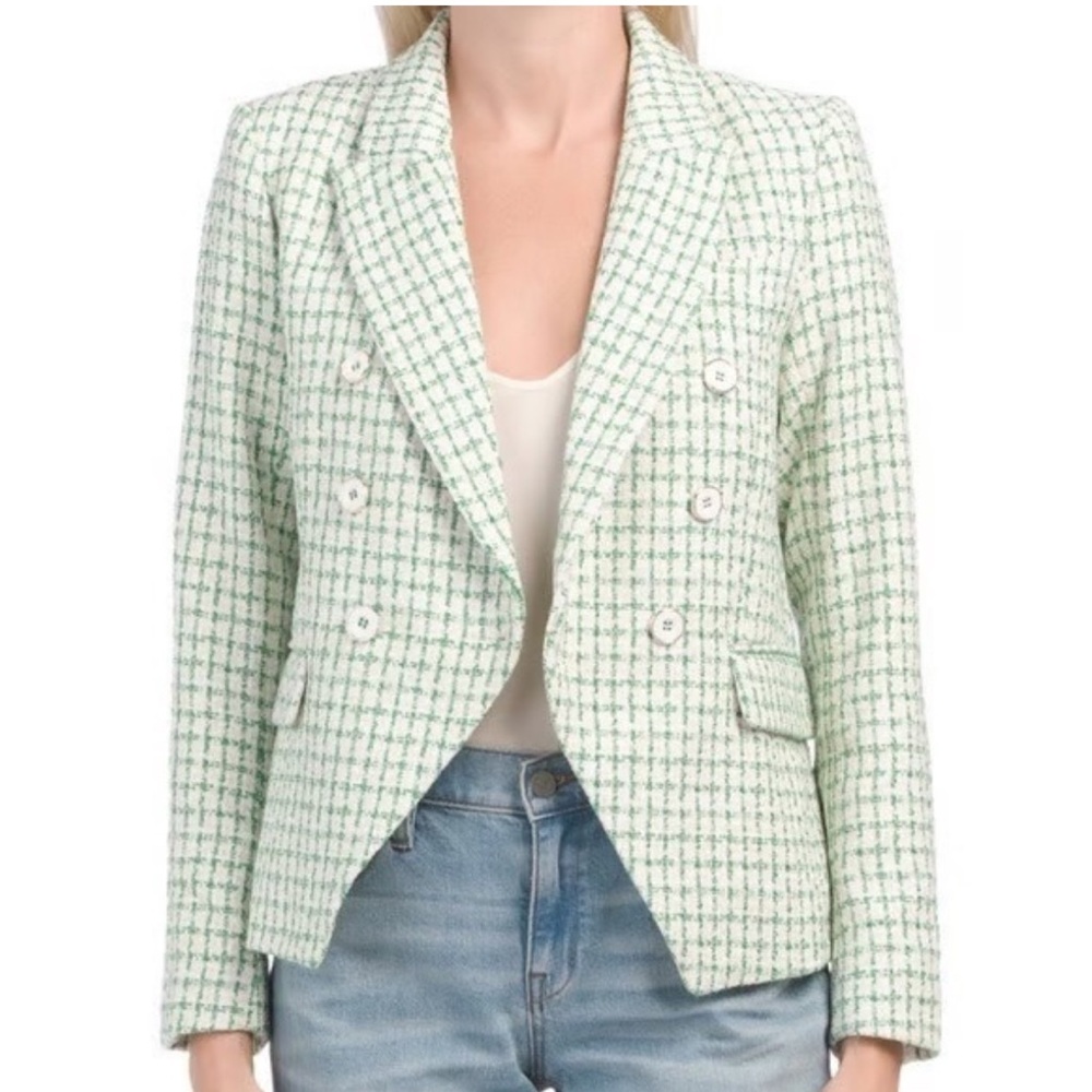 Rachel Zoe Green Double Breasted Plaid Tweed Checkered Blazer